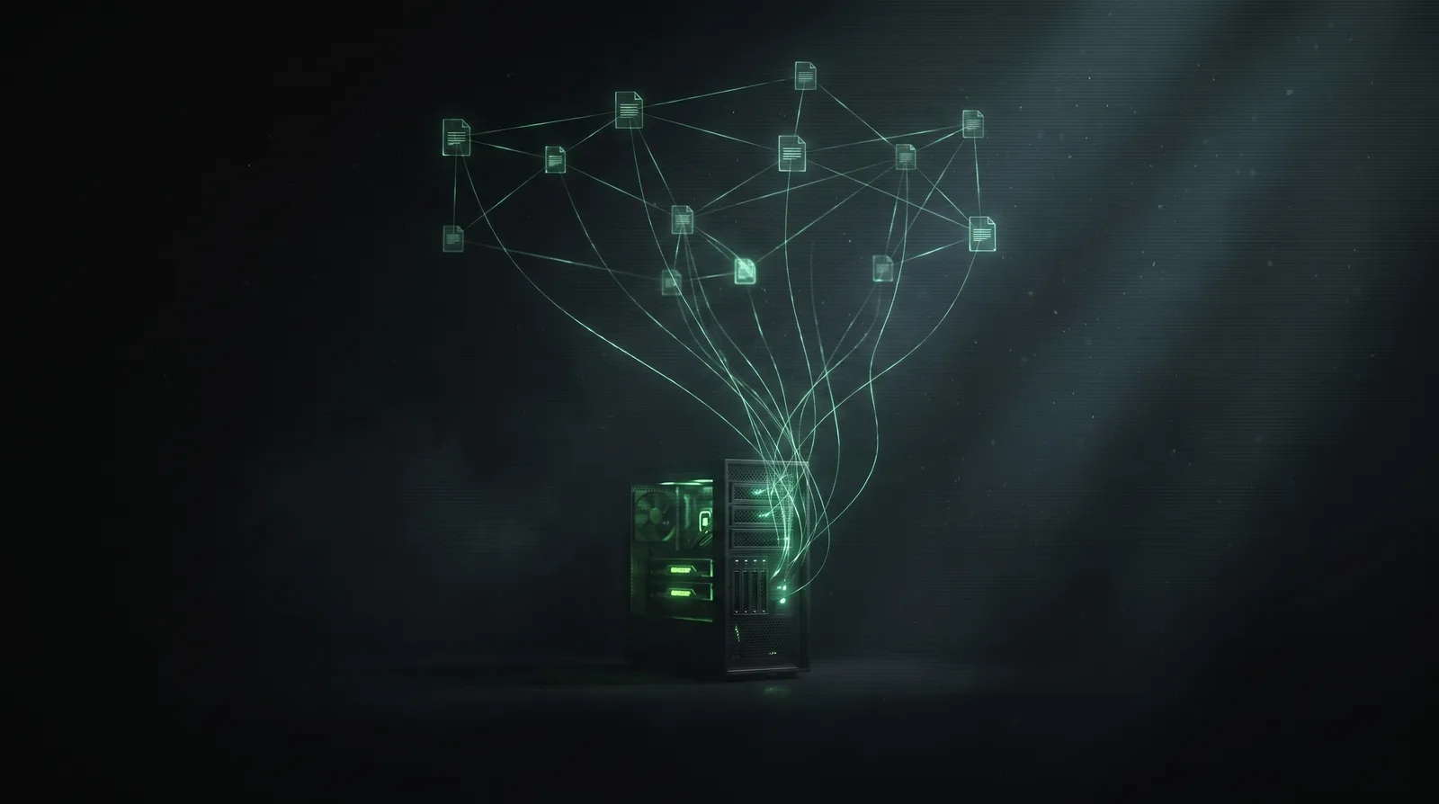A local GPU server weaving threads of light into a constellation-like graph of document nodes